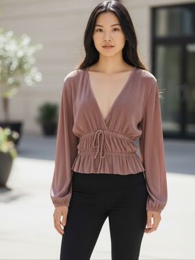 ZARA Pleated Velvet Peplum Blouse